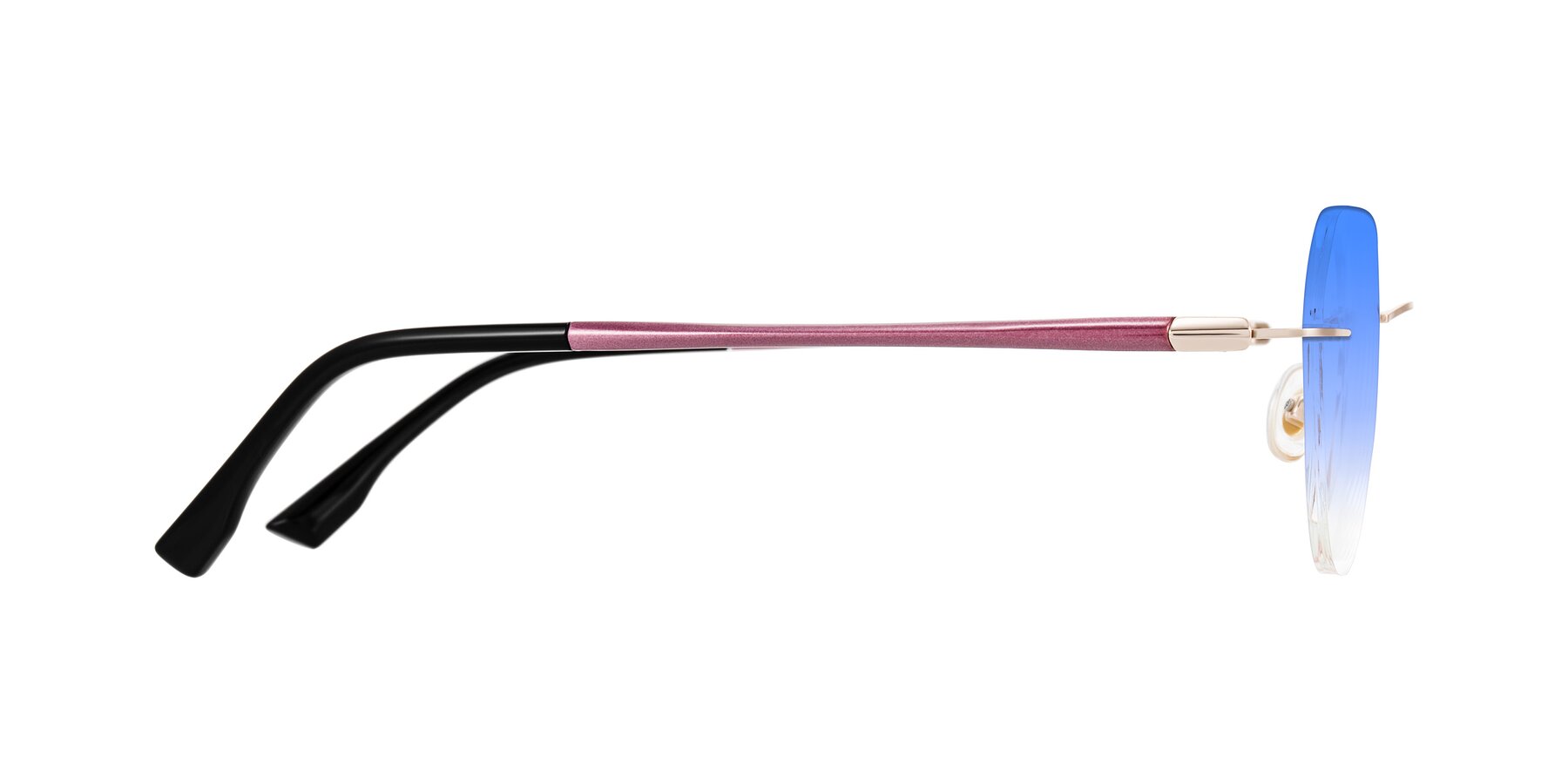 Side of Noe in Rose Gold/Purple with Blue Gradient Lenses