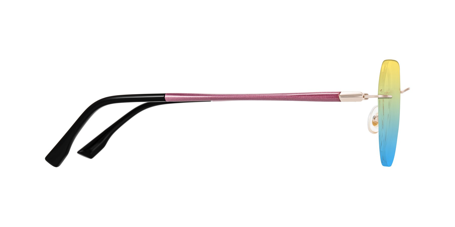 Side of Noe in Rose Gold/Purple with Yellow / Blue Gradient Lenses