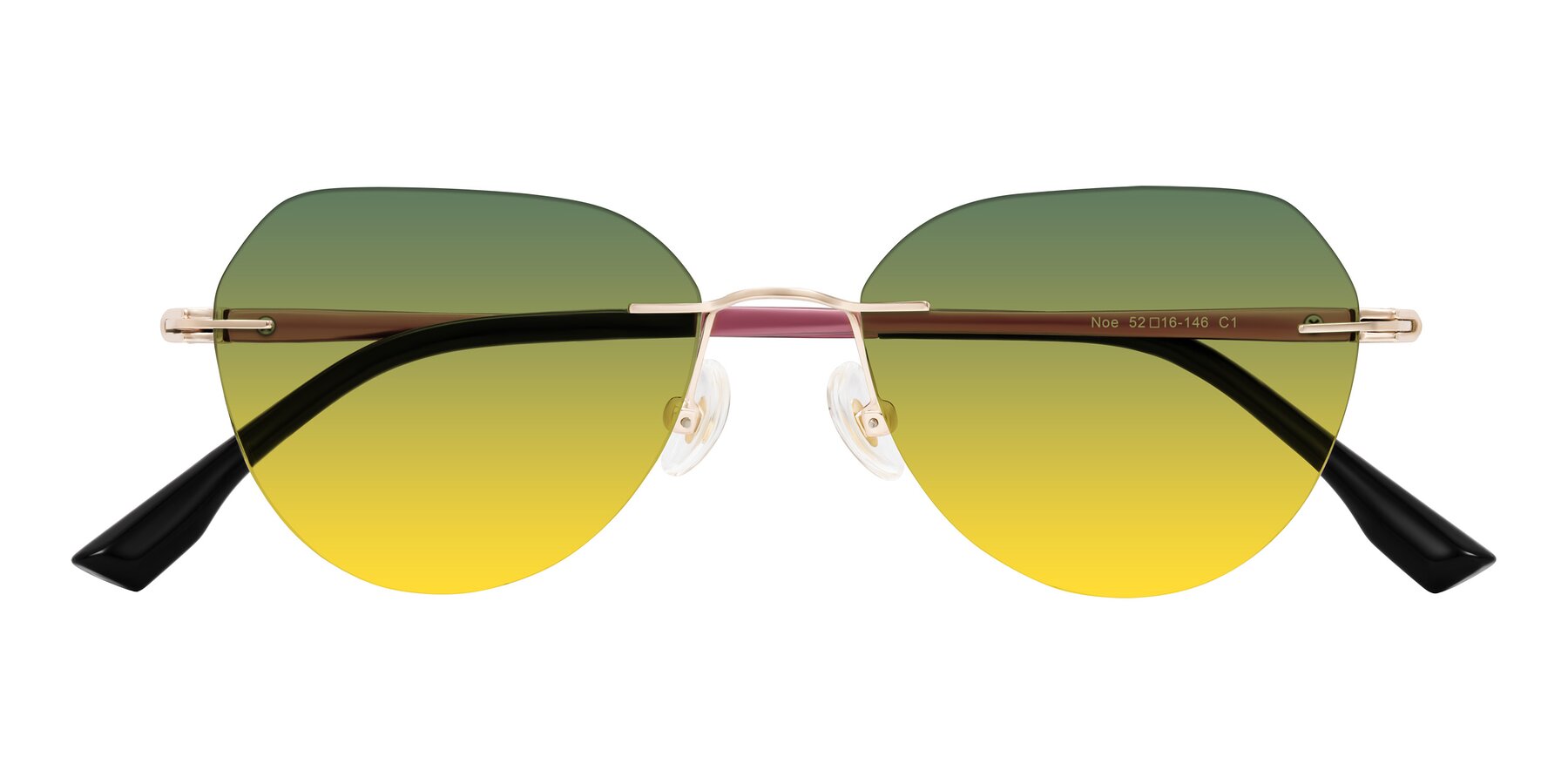 Folded Front of Noe in Rose Gold/Purple with Green / Yellow Gradient Lenses