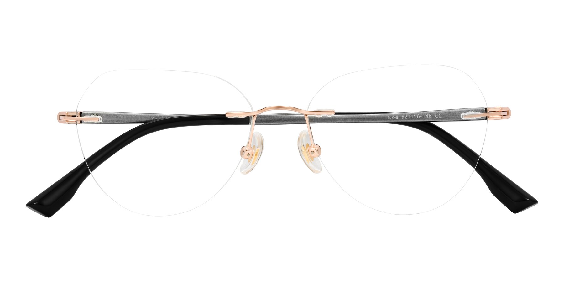 Folded Front of Noe in Rose Gold/Gray with Clear Eyeglass Lenses