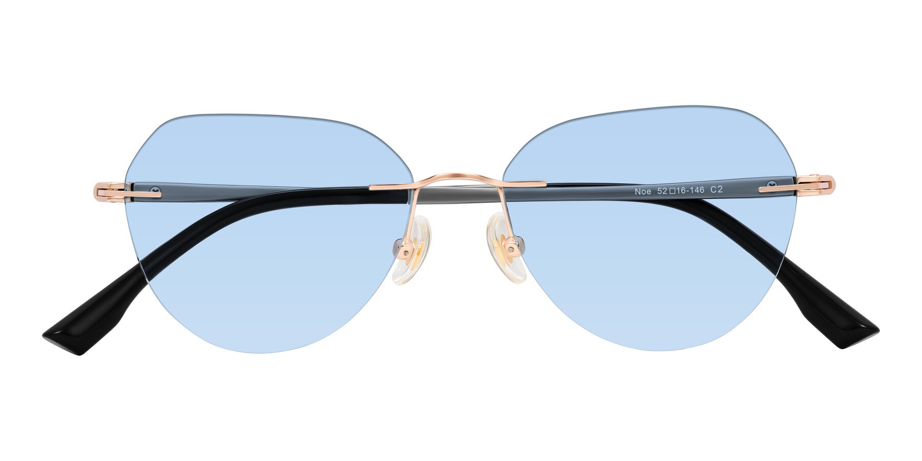 Folded Front of Noe in Rose Gold/Gray with Light Blue Tinted Lenses