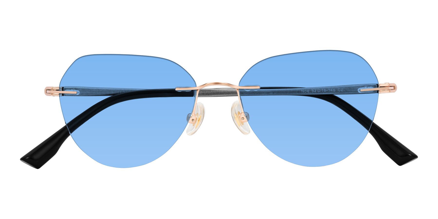 Folded Front of Noe in Rose Gold/Gray with Medium Blue Tinted Lenses