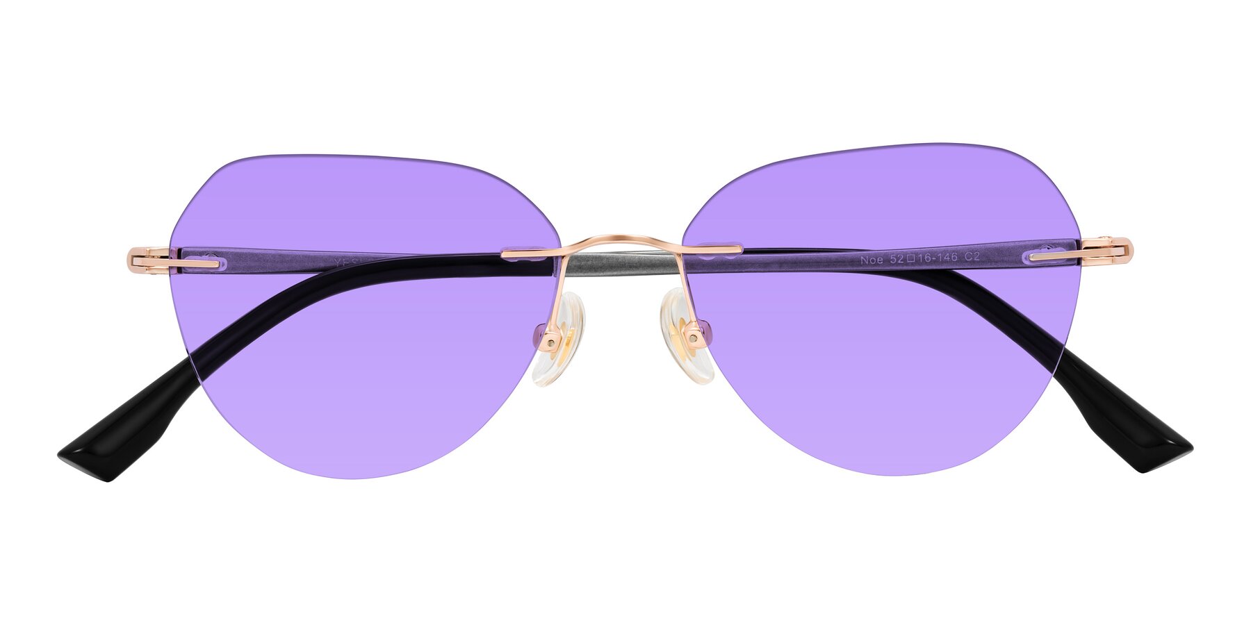 Folded Front of Noe in Rose Gold/Gray with Medium Purple Tinted Lenses