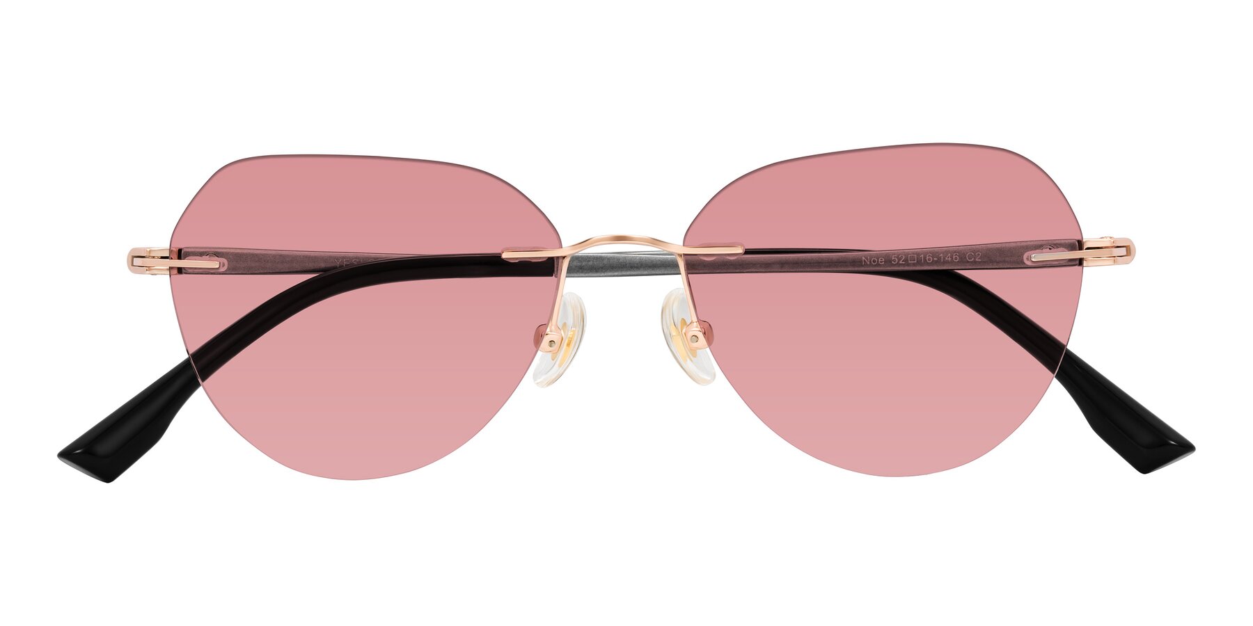 Folded Front of Noe in Rose Gold/Gray with Medium Garnet Tinted Lenses