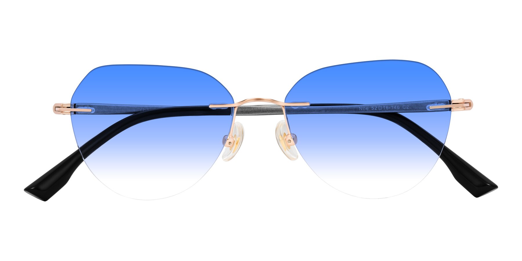 Folded Front of Noe in Rose Gold/Gray with Blue Gradient Lenses