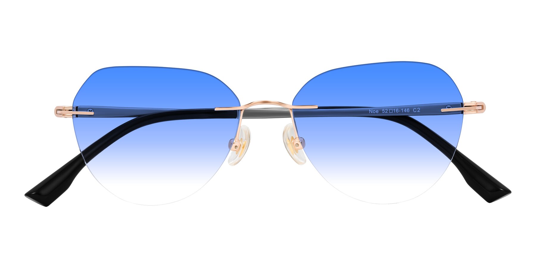 Folded Front of Noe in Rose Gold/Gray with Blue Gradient Lenses