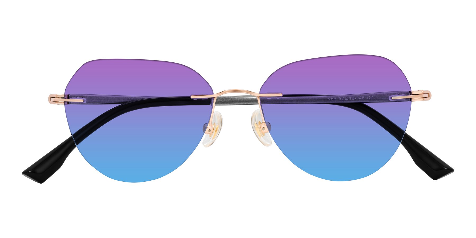 Folded Front of Noe in Rose Gold/Gray with Purple / Blue Gradient Lenses