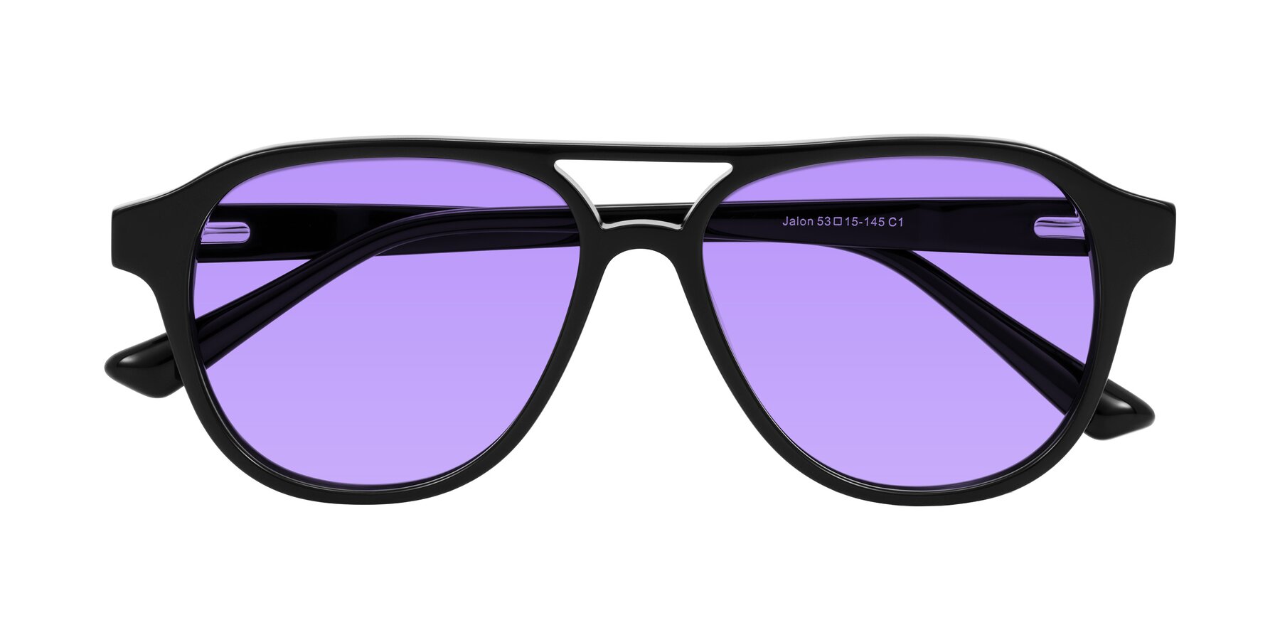 Folded Front of Jalon in Black with Medium Purple Tinted Lenses