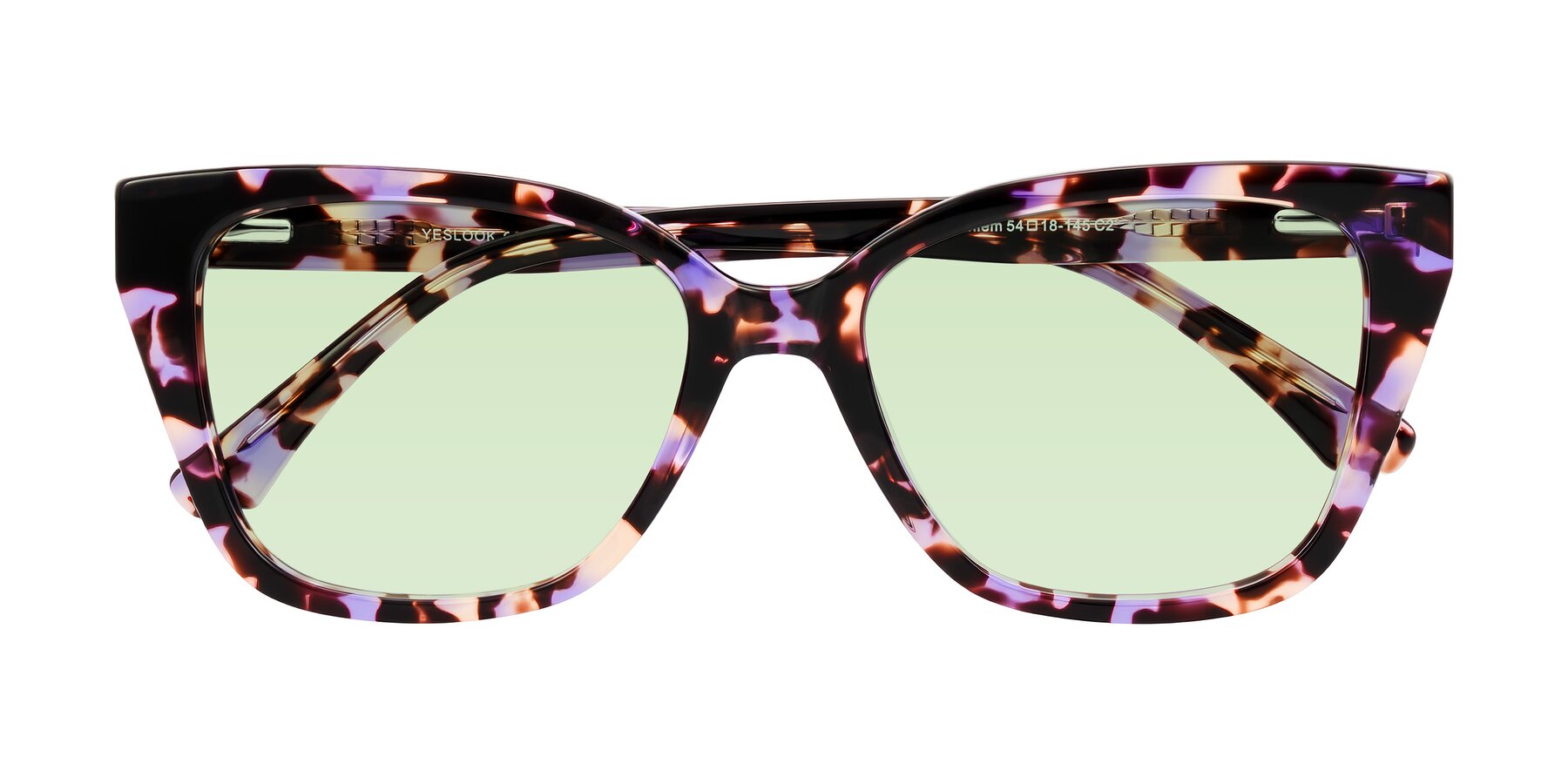 Folded Front of Kahlem in Purple Tortoise with Light Green Tinted Lenses