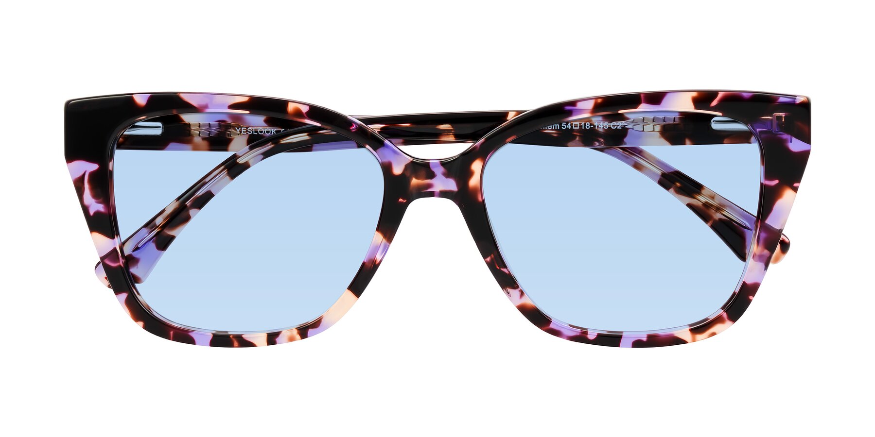 Folded Front of Kahlem in Purple Tortoise with Light Blue Tinted Lenses