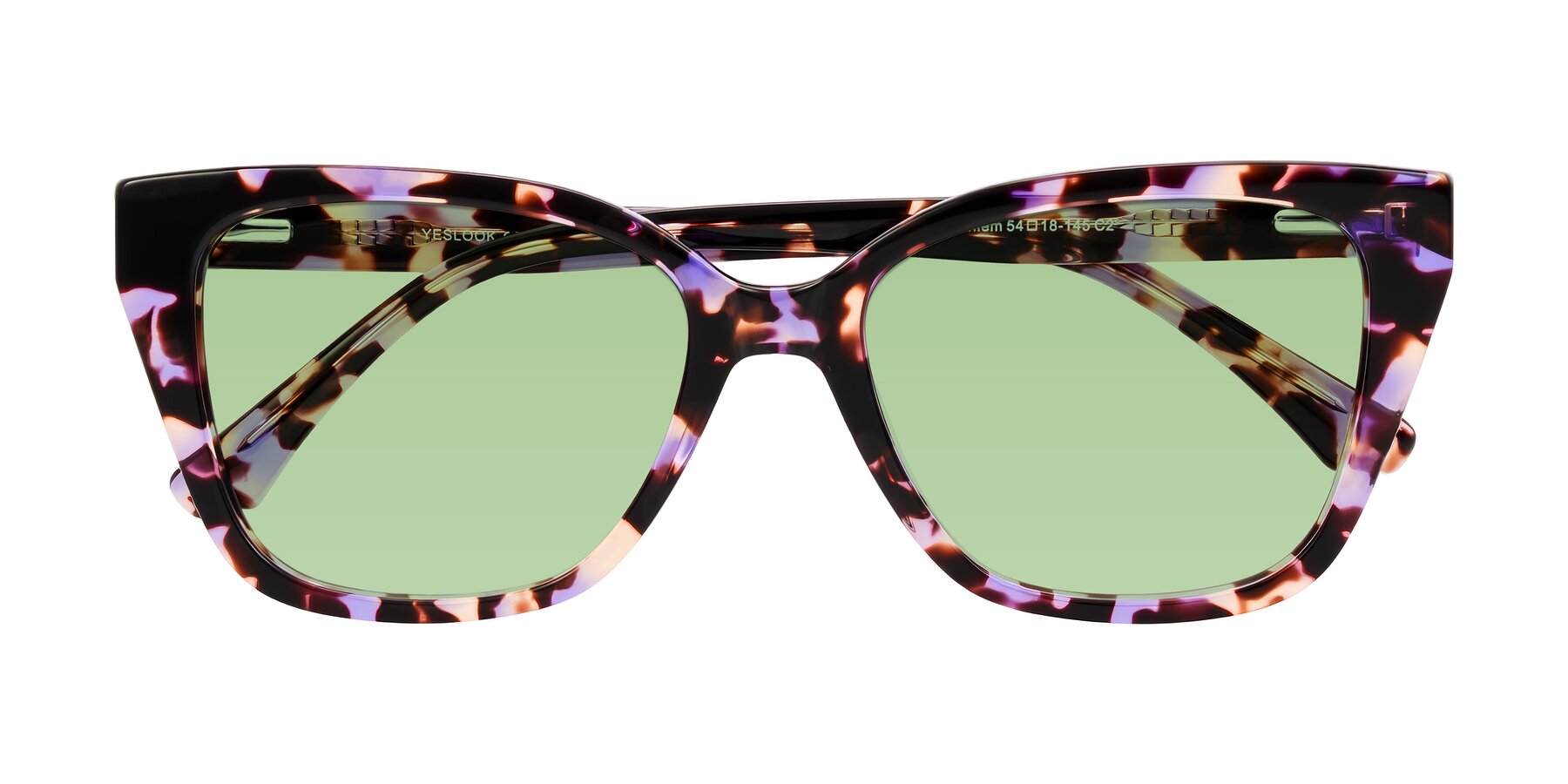 Folded Front of Kahlem in Purple Tortoise with Medium Green Tinted Lenses