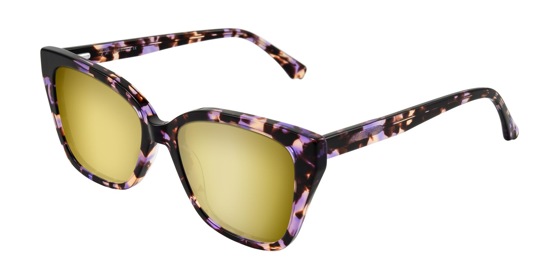 Angle of Kahlem in Purple Tortoise with Gold Mirrored Lenses