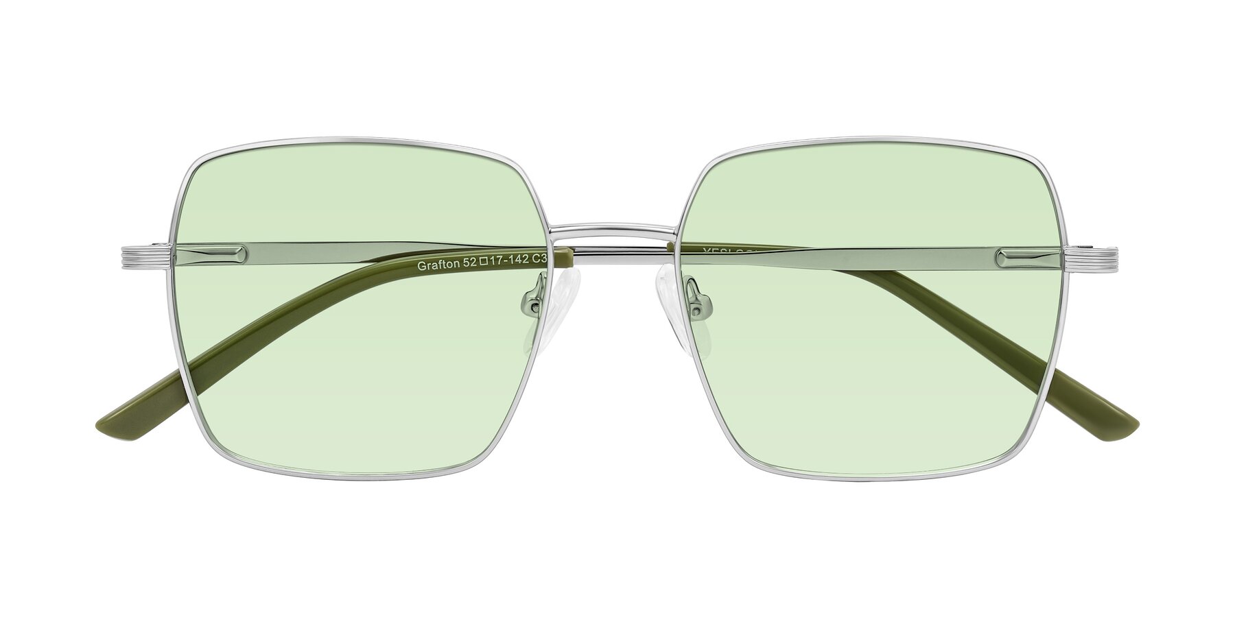 Folded Front of Grafton in Sliver with Light Green Tinted Lenses