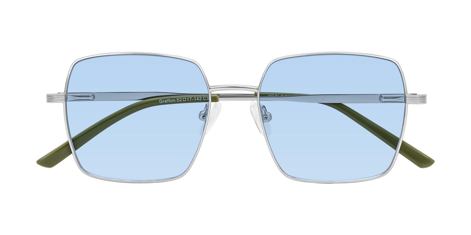 Folded Front of Grafton in Sliver with Light Blue Tinted Lenses