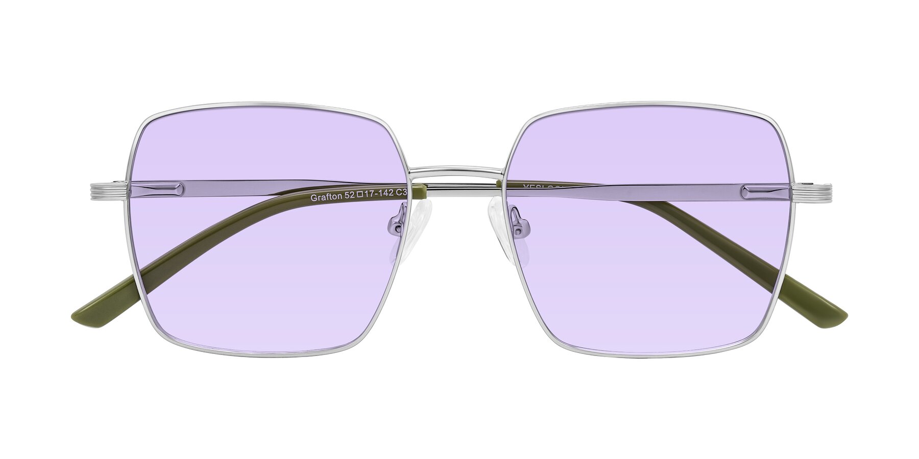 Folded Front of Grafton in Sliver with Light Purple Tinted Lenses