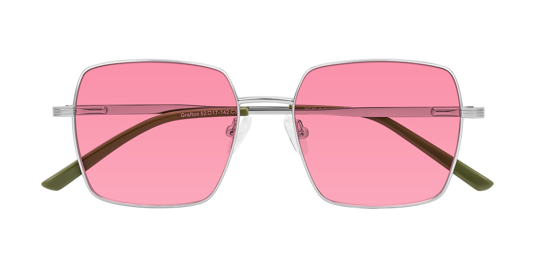 Folded Front of Grafton in Sliver with Pink Tinted Lenses