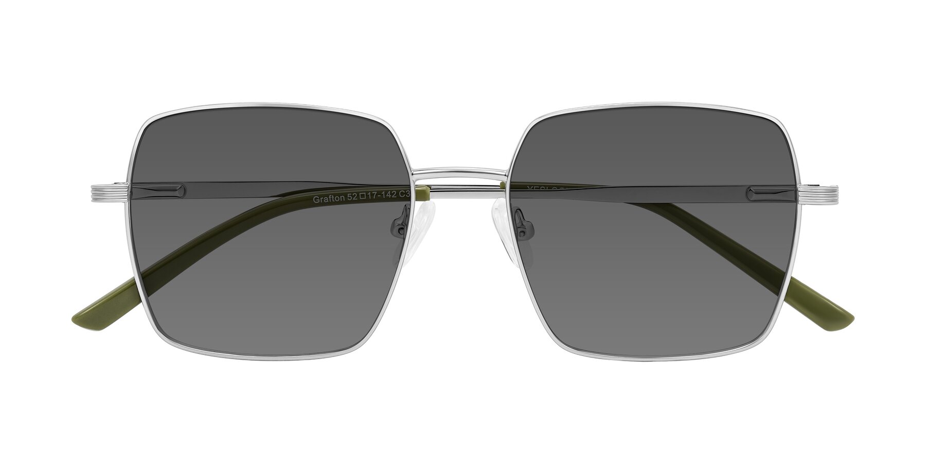 Folded Front of Grafton in Sliver with Medium Gray Tinted Lenses