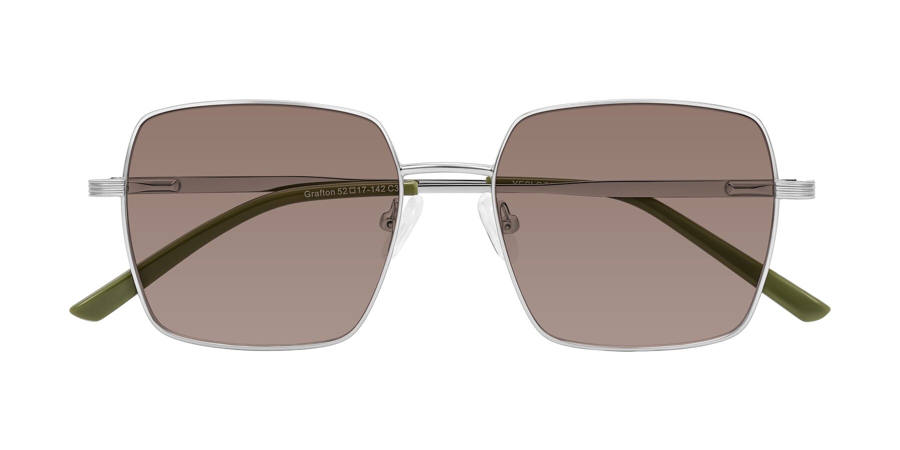 Folded Front of Grafton in Sliver with Medium Brown Tinted Lenses