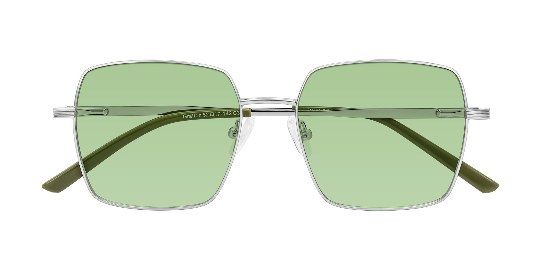 Folded Front of Grafton in Sliver with Medium Green Tinted Lenses