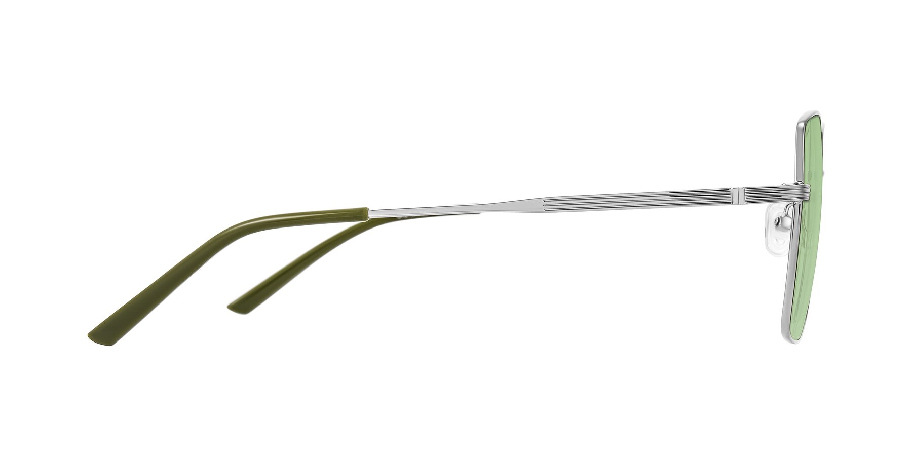 Side of Grafton in Sliver with Medium Green Tinted Lenses