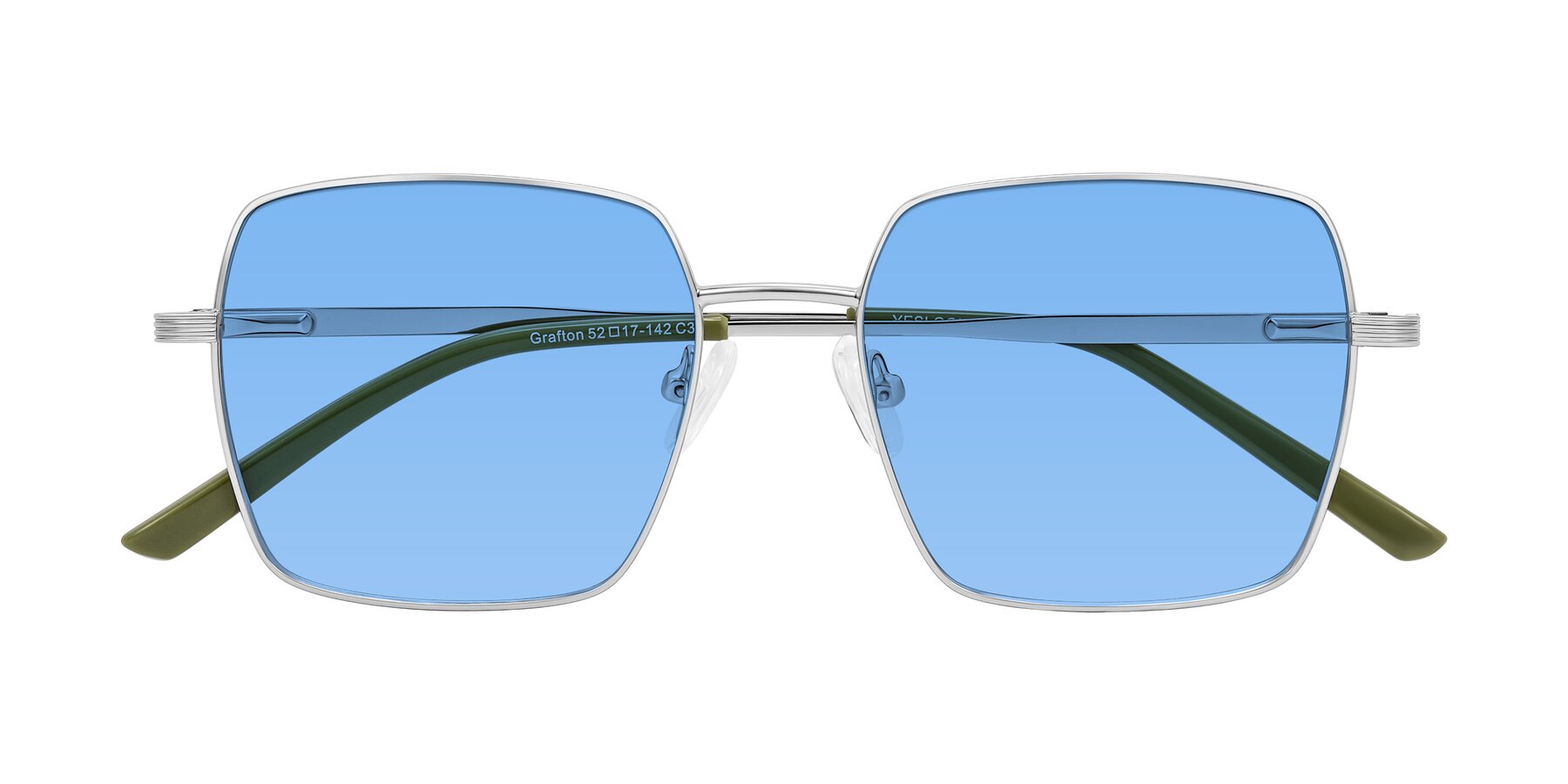 Folded Front of Grafton in Sliver with Medium Blue Tinted Lenses