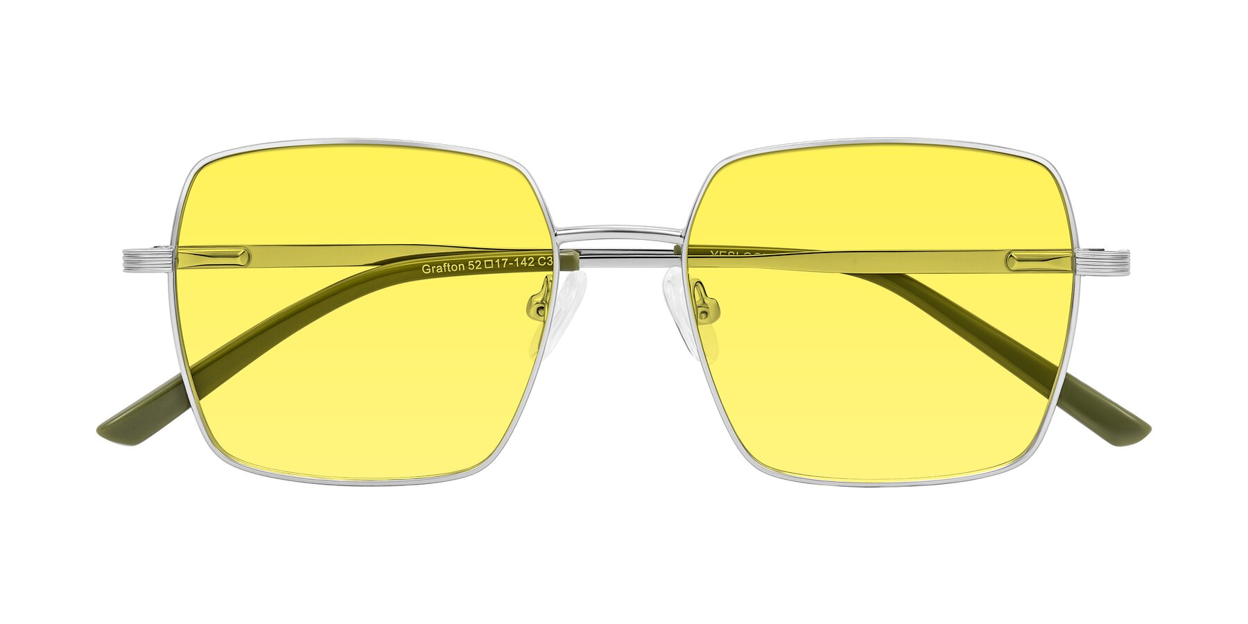 Folded Front of Grafton in Sliver with Medium Yellow Tinted Lenses