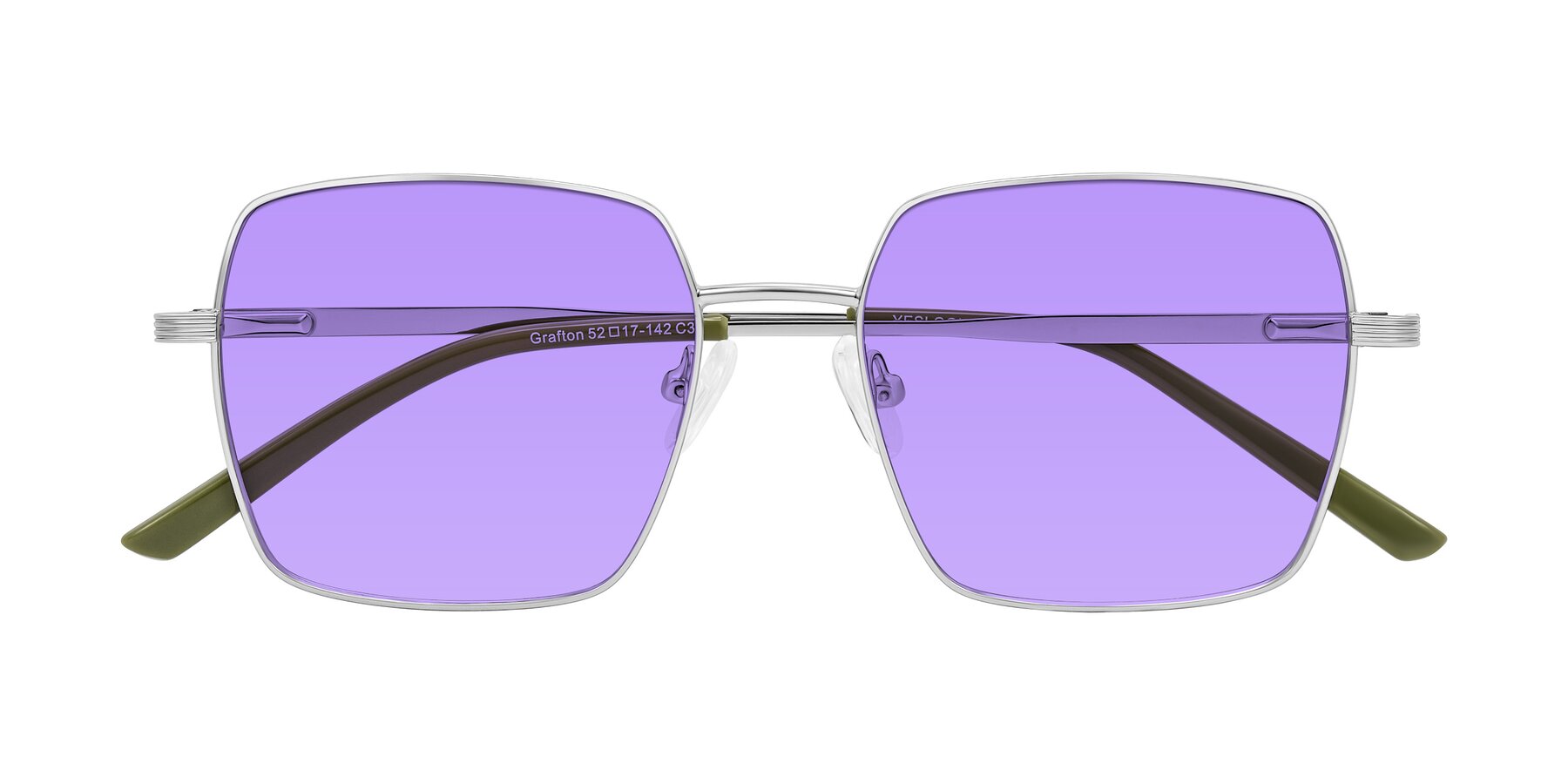Folded Front of Grafton in Sliver with Medium Purple Tinted Lenses