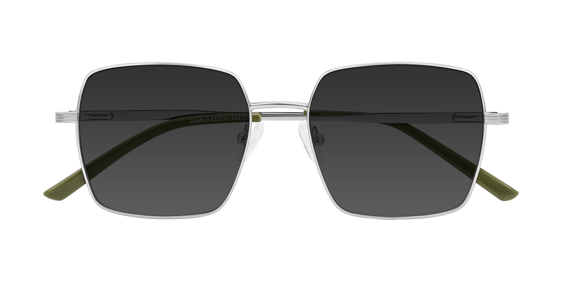 Folded Front of Grafton in Sliver with Gray Tinted Lenses