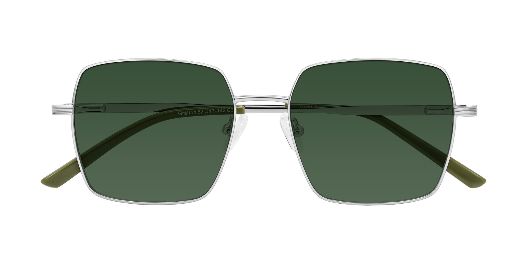 Folded Front of Grafton in Sliver with Green Tinted Lenses