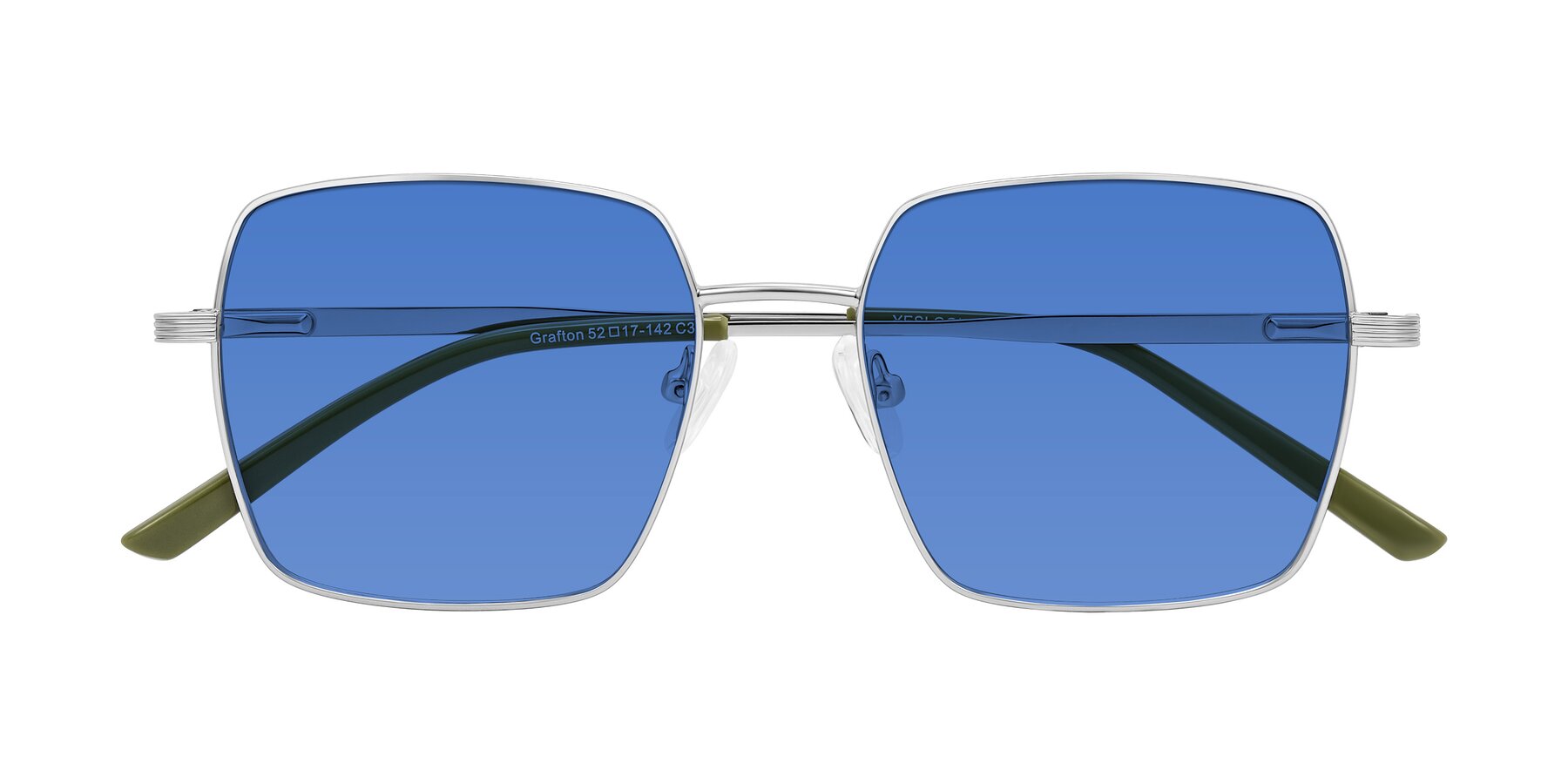 Folded Front of Grafton in Sliver with Blue Tinted Lenses