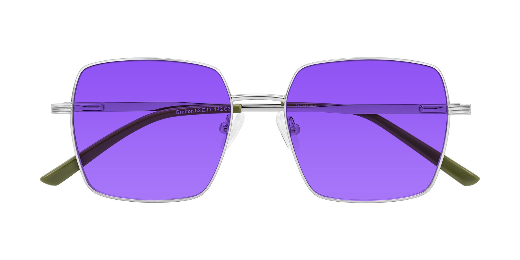 Folded Front of Grafton in Sliver with Purple Tinted Lenses