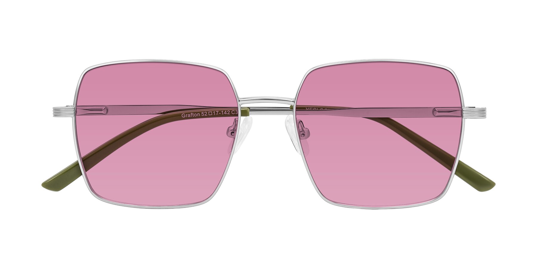 Folded Front of Grafton in Sliver with Medium Wine Tinted Lenses
