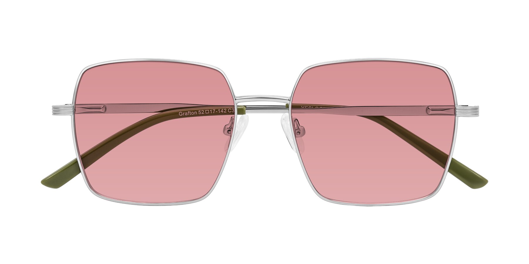 Folded Front of Grafton in Sliver with Medium Garnet Tinted Lenses