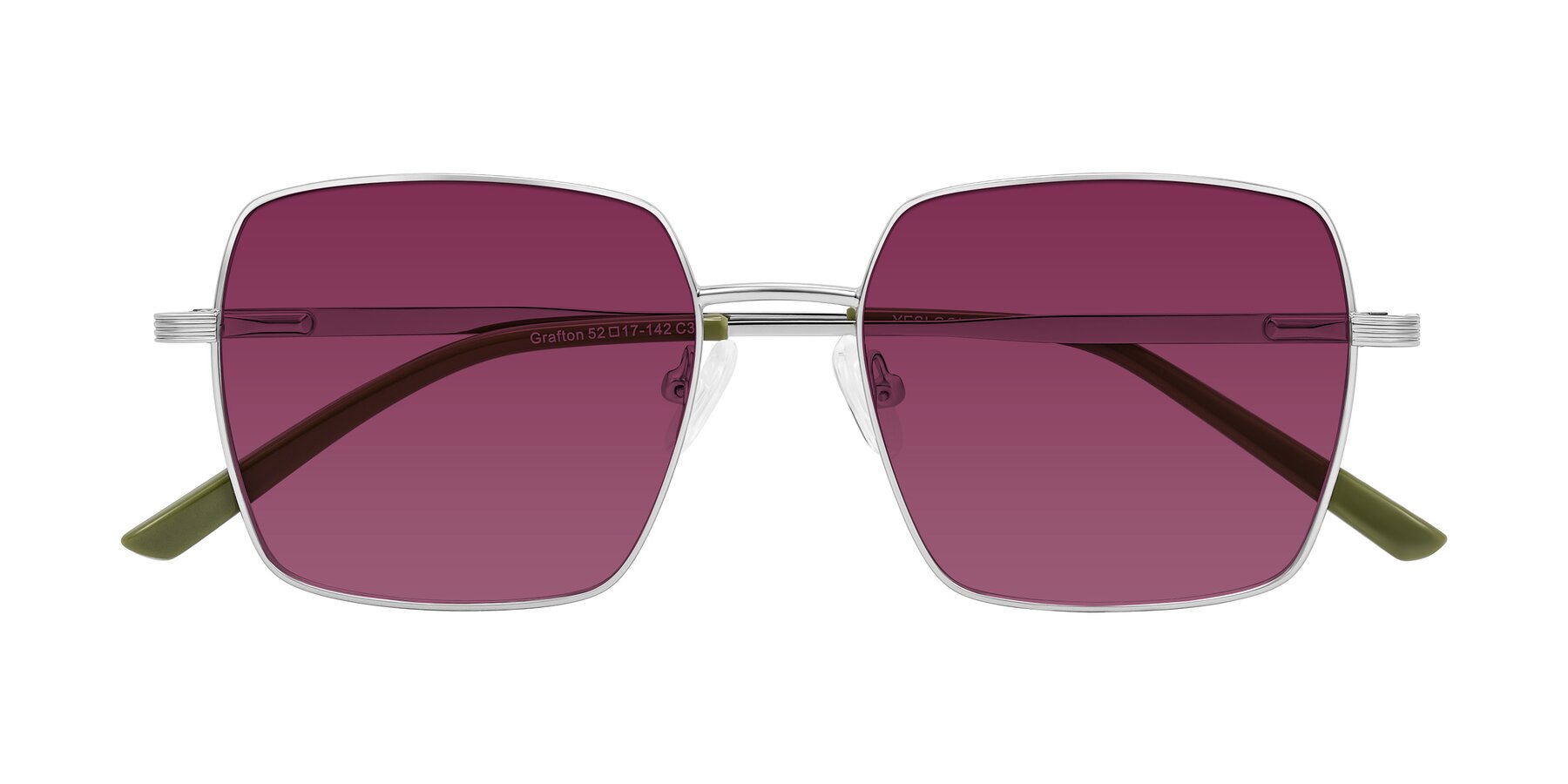 Folded Front of Grafton in Sliver with Wine Tinted Lenses