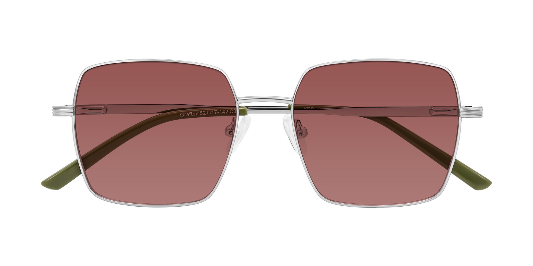 Folded Front of Grafton in Sliver with Garnet Tinted Lenses