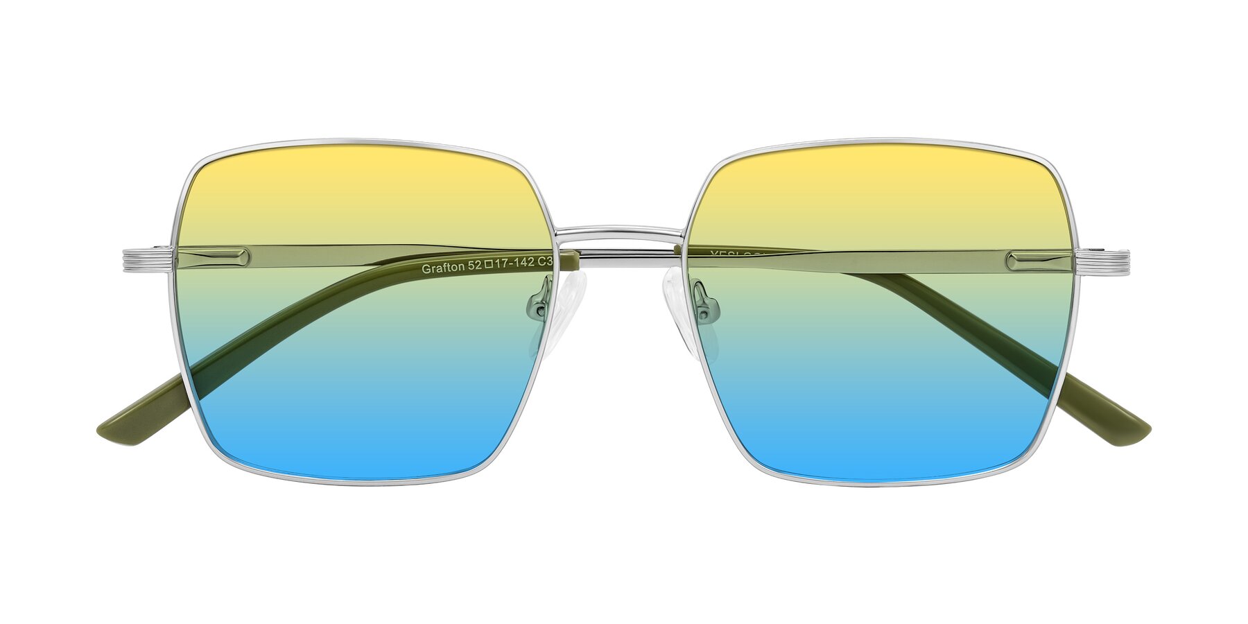 Folded Front of Grafton in Sliver with Yellow / Blue Gradient Lenses
