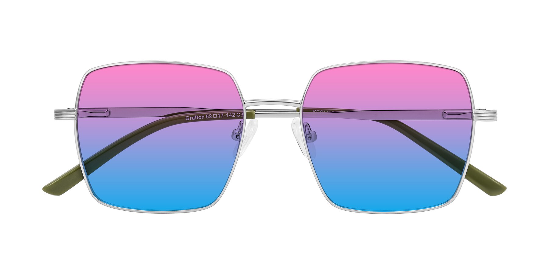 Folded Front of Grafton in Sliver with Pink / Blue Gradient Lenses