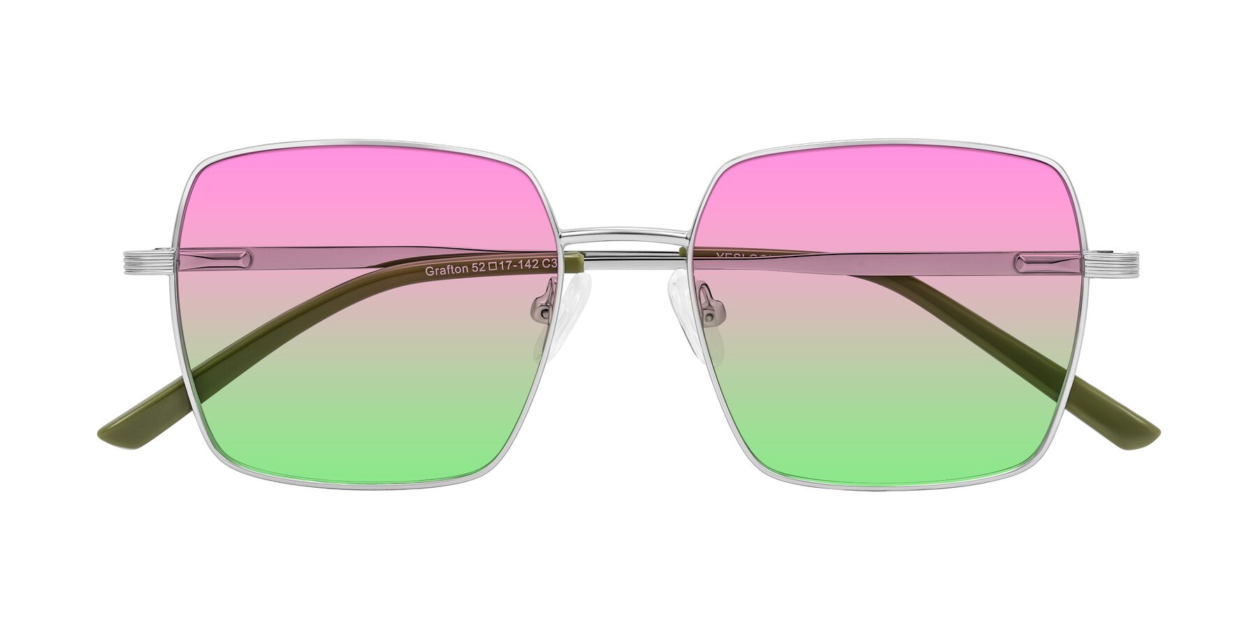 Folded Front of Grafton in Sliver with Pink / Green Gradient Lenses