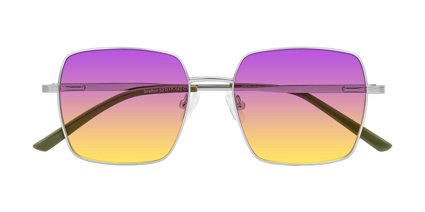 Folded Front of Grafton in Sliver with Purple / Yellow Gradient Lenses