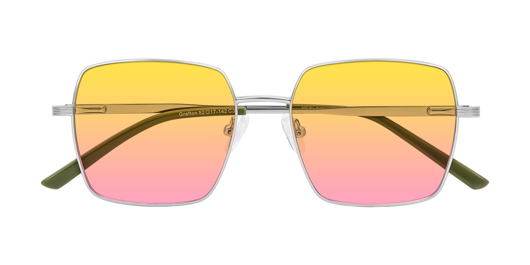 Folded Front of Grafton in Sliver with Yellow / Pink Gradient Lenses