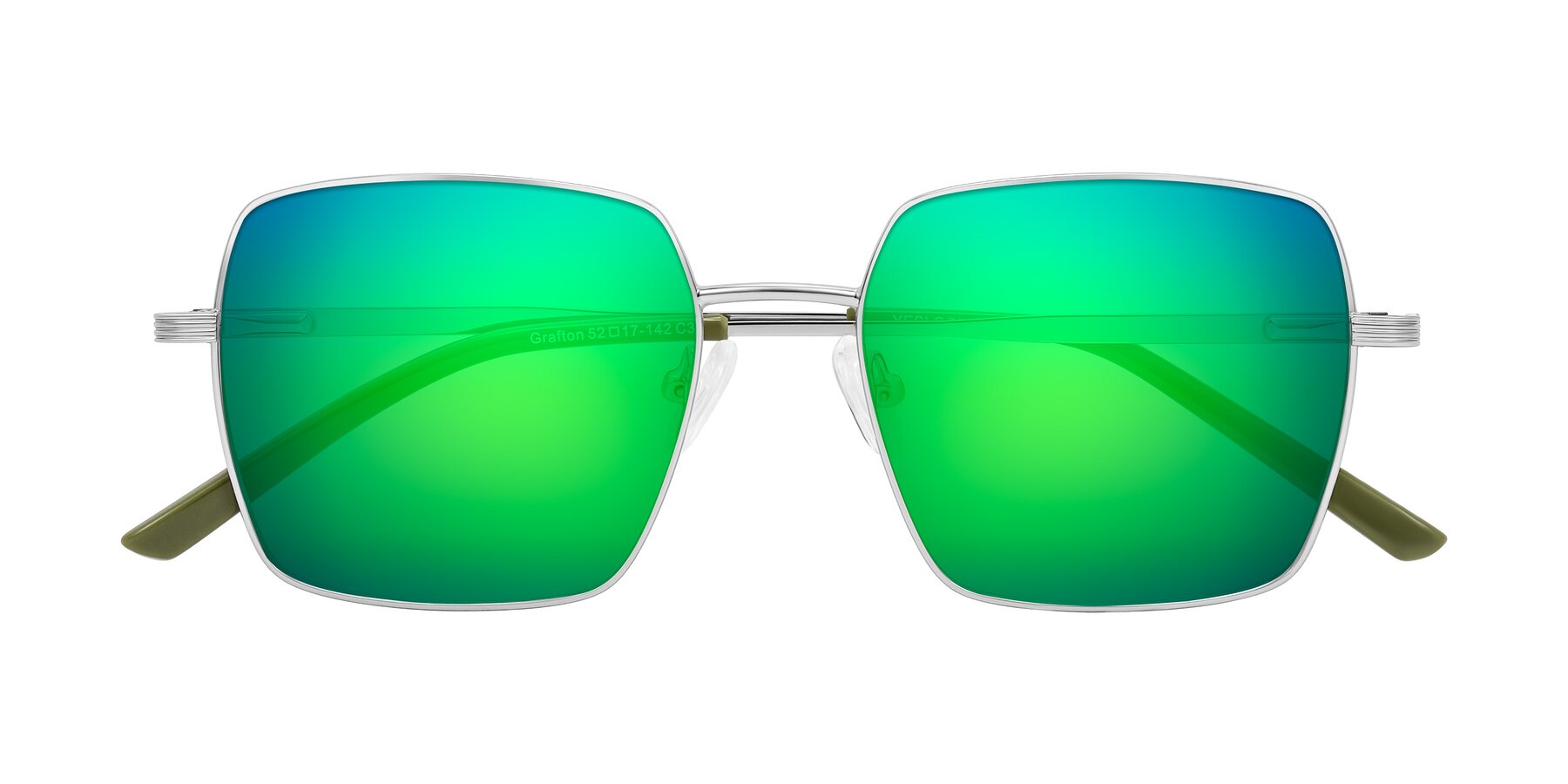 Folded Front of Grafton in Sliver with Green Mirrored Lenses