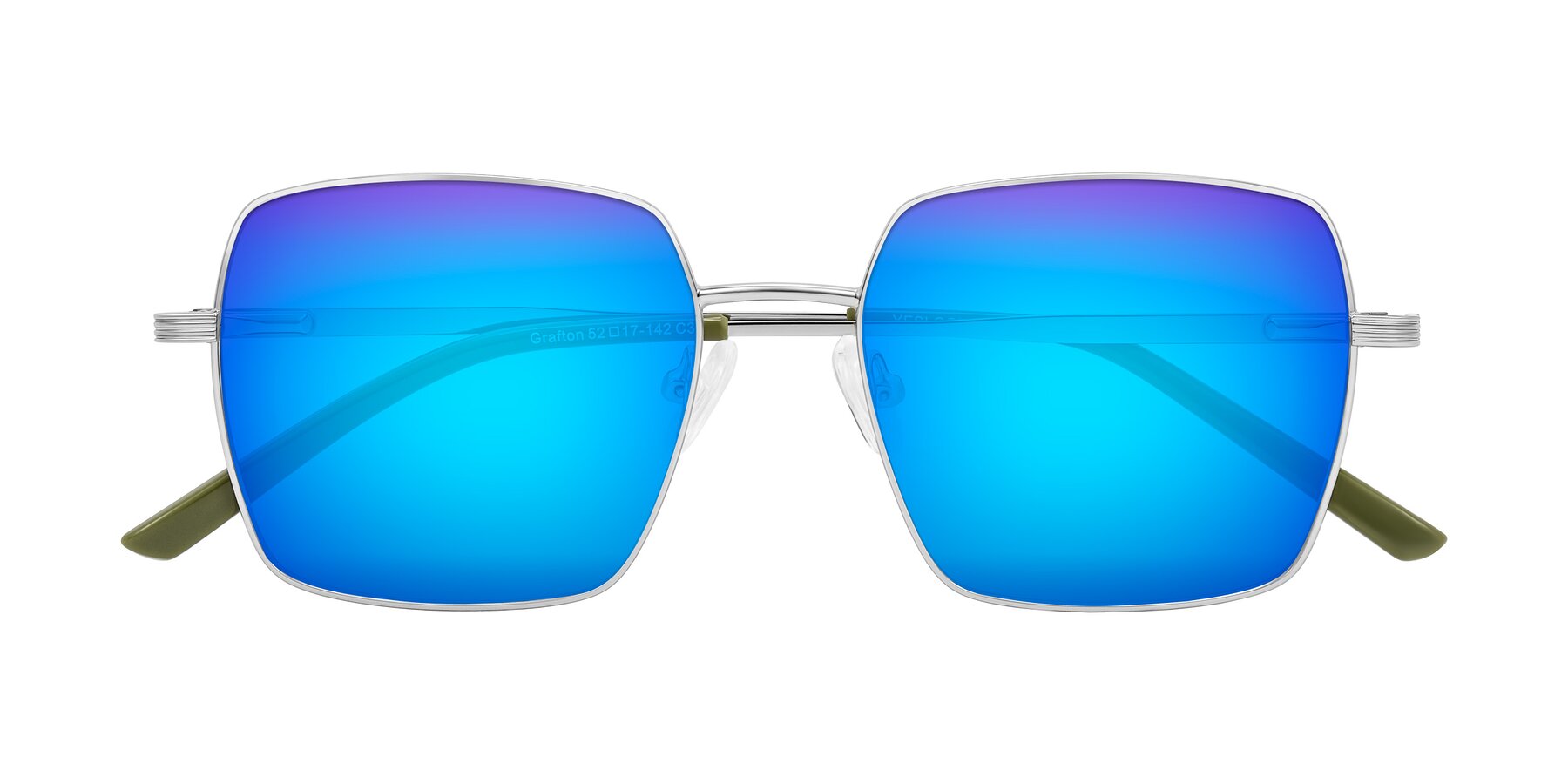 Folded Front of Grafton in Sliver with Blue Mirrored Lenses