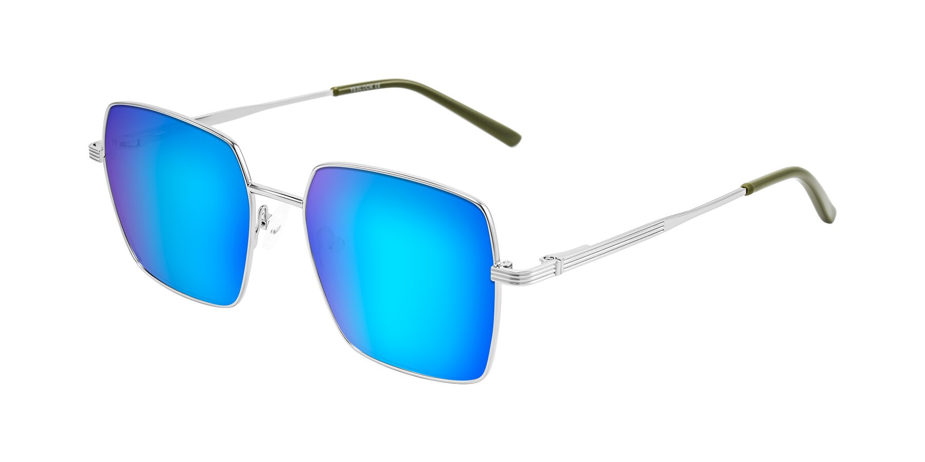 Angle of Grafton in Sliver with Blue Mirrored Lenses