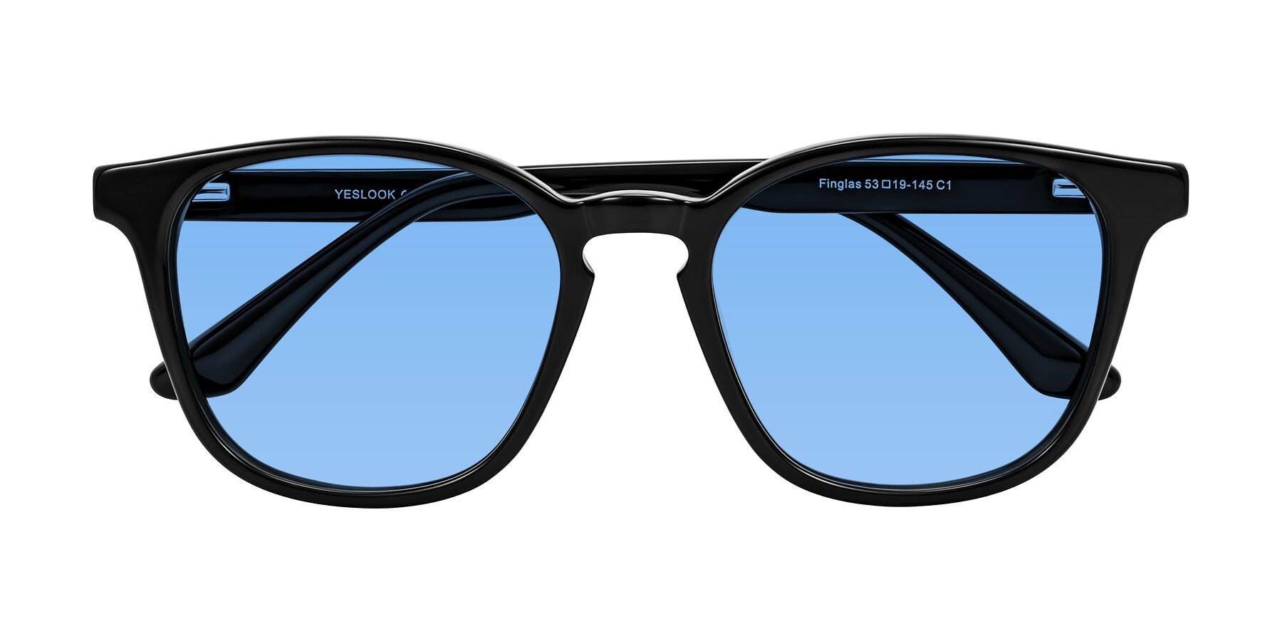 Folded Front of Finglas in Black with Medium Blue Tinted Lenses