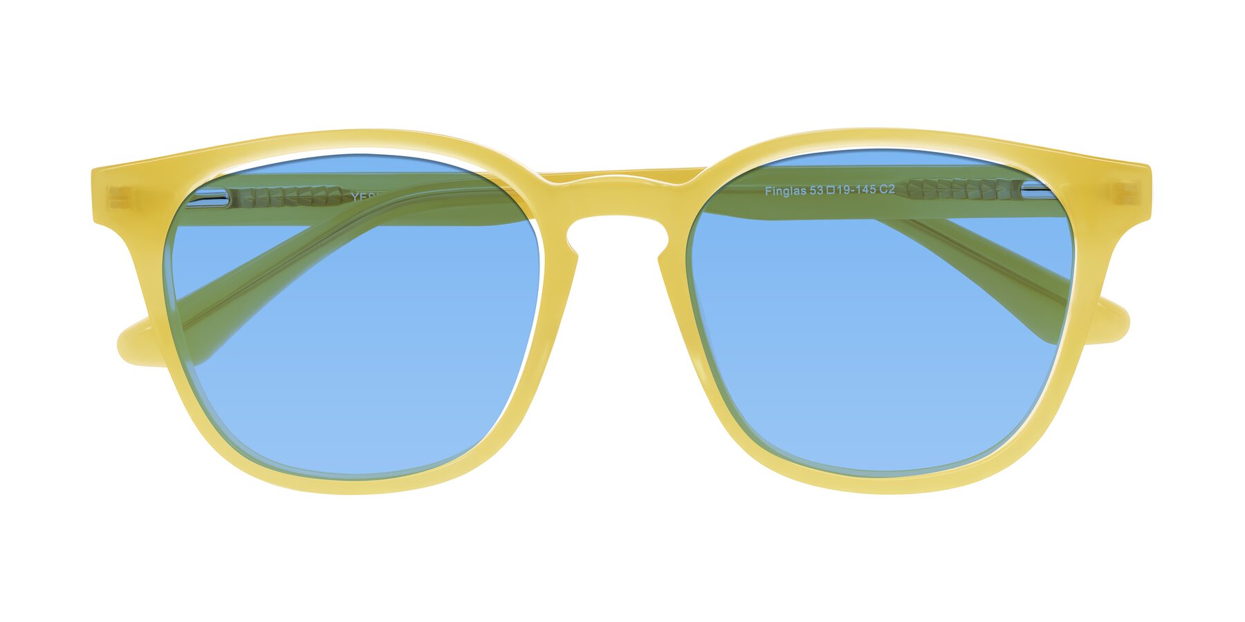 Folded Front of Finglas in Honey with Medium Blue Tinted Lenses