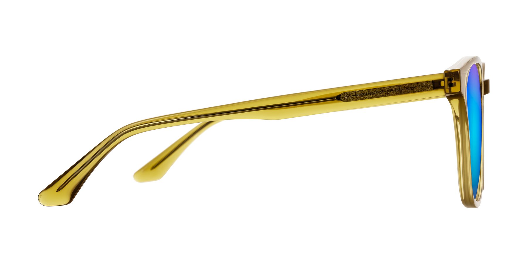 Side of Finglas in Mustard Crystal with Blue Mirrored Lenses