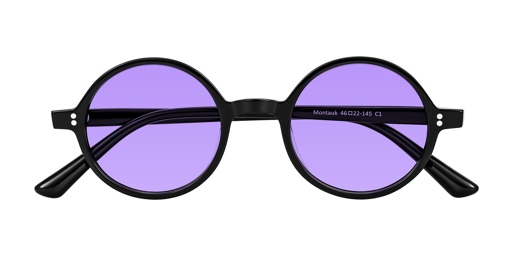 Folded Front of Montauk in Black with Medium Purple Tinted Lenses