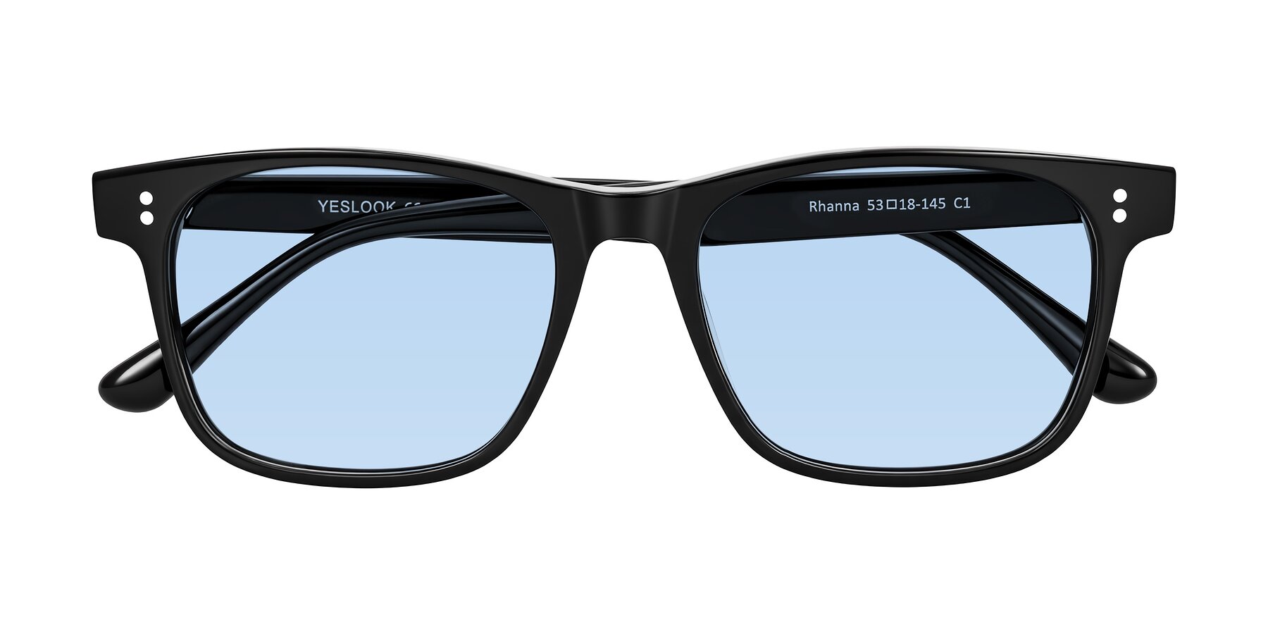 Folded Front of Rhanna in Black with Light Blue Tinted Lenses