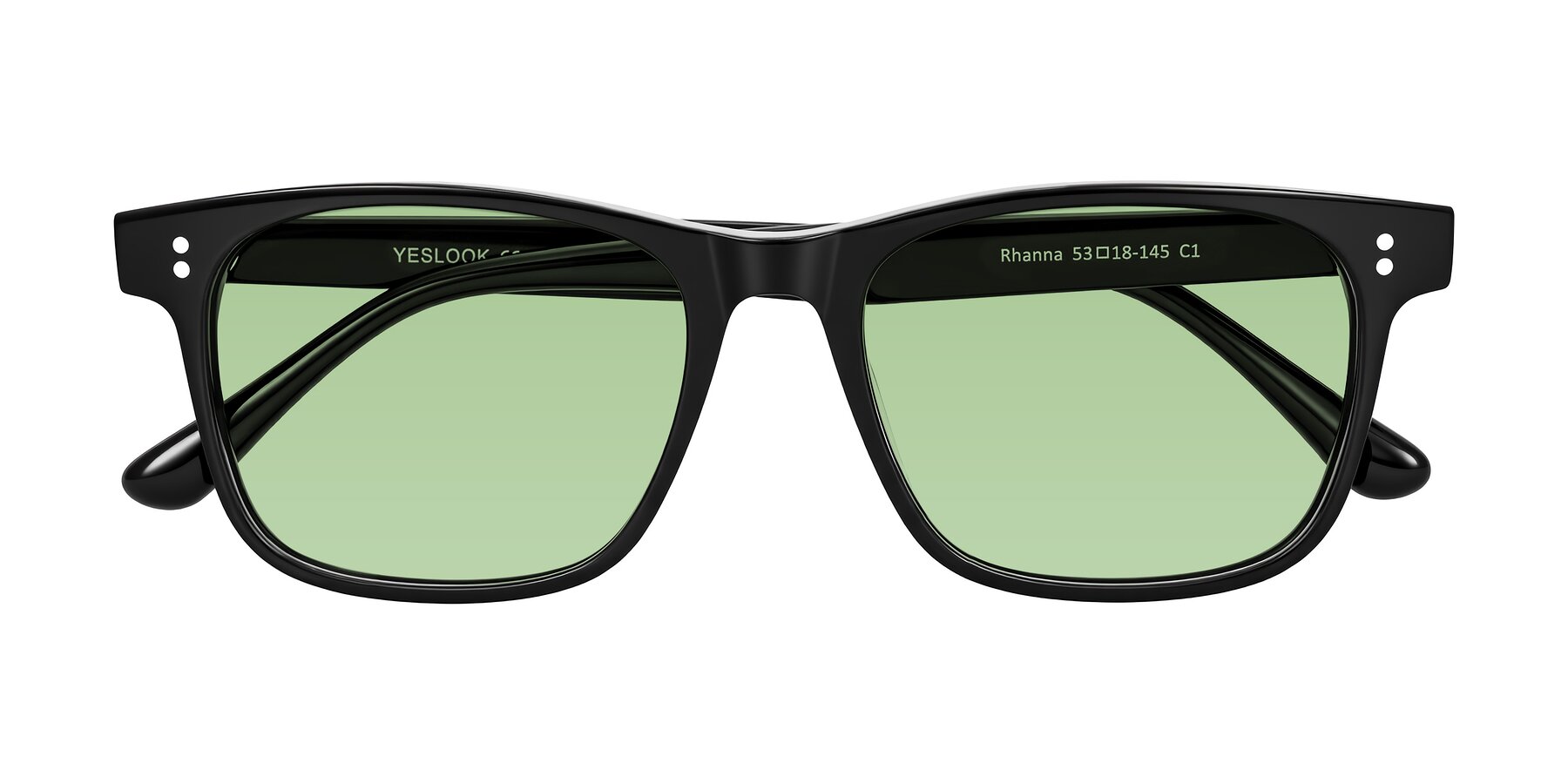 Folded Front of Rhanna in Black with Medium Green Tinted Lenses