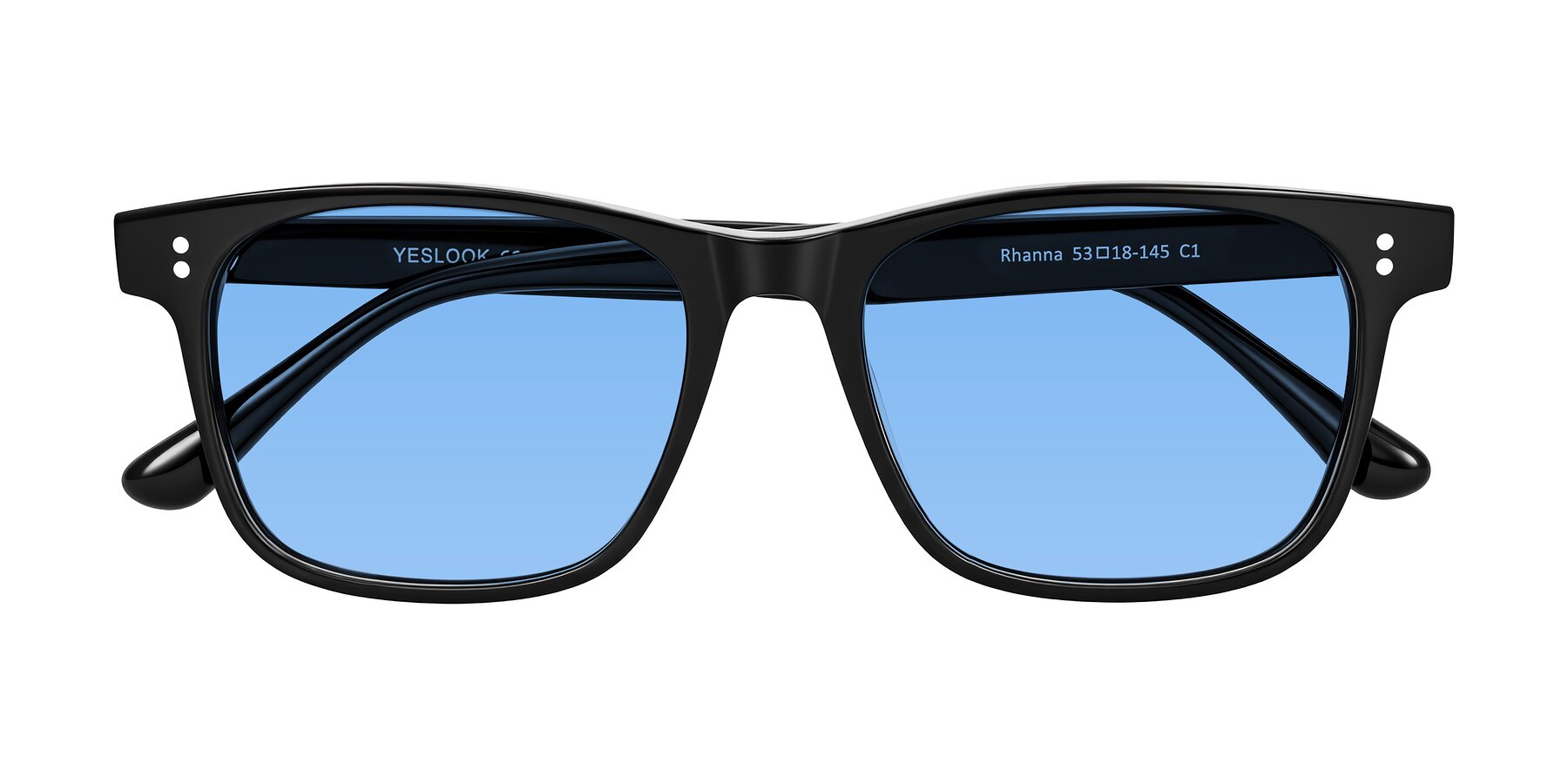 Folded Front of Rhanna in Black with Medium Blue Tinted Lenses